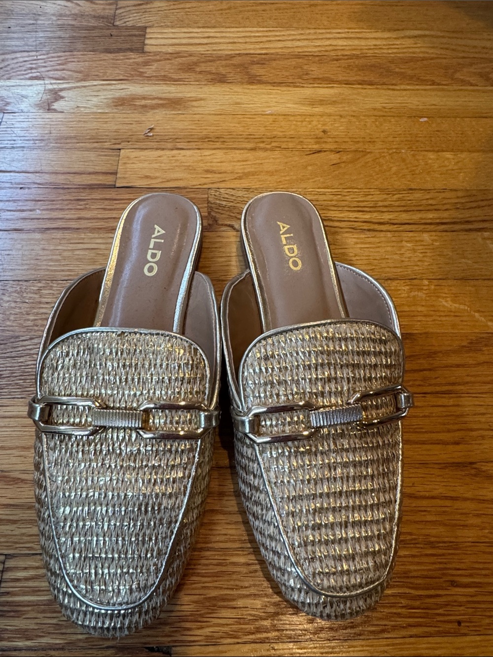 ALDO Women's Gold Braided Mule Loafers with Metallic Buckle